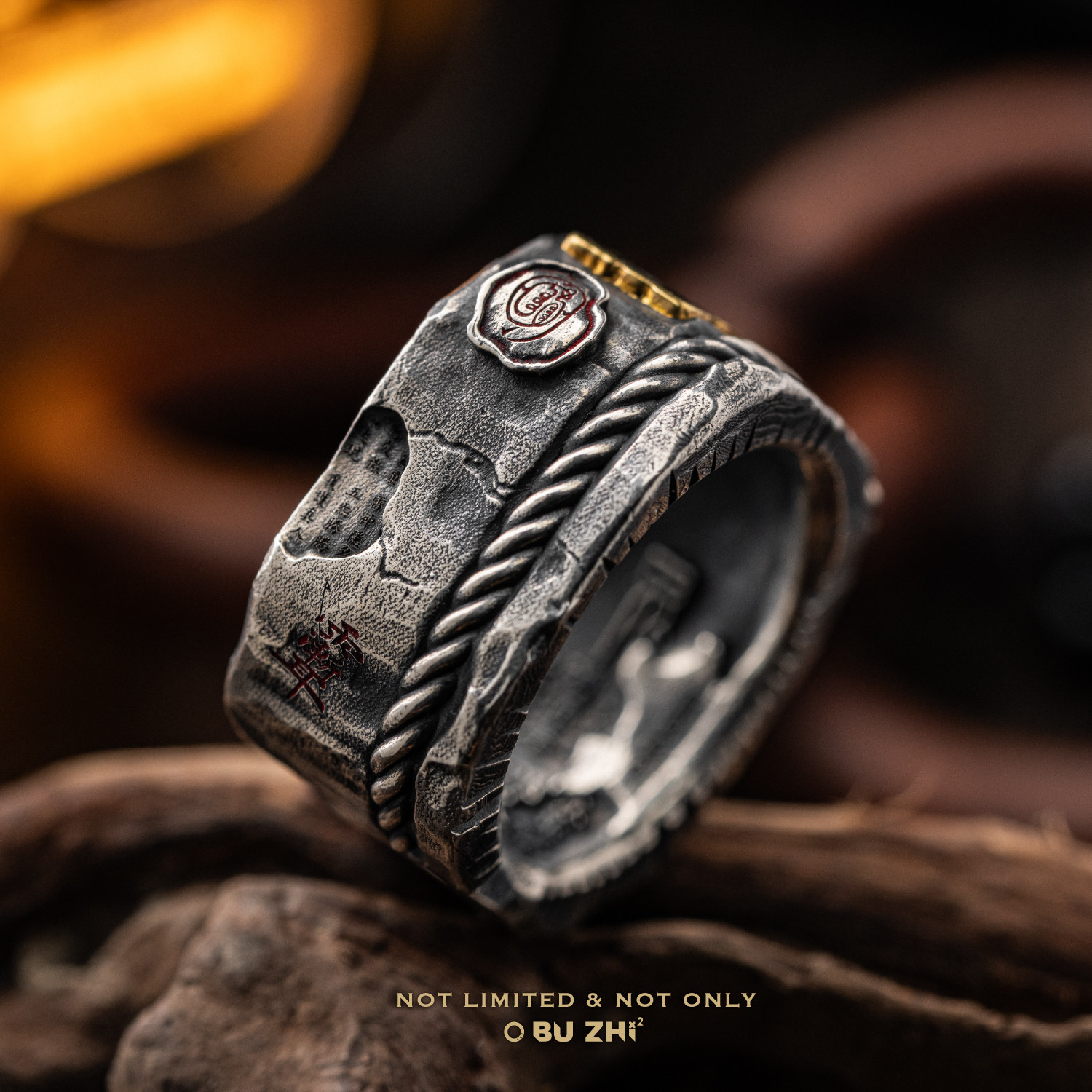New Guofeng Qianyuan Square Ring 925 Silver 24K Gold Paste
