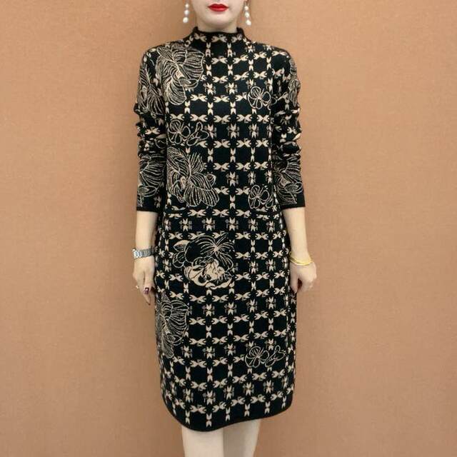 2025 autumn and winter new style velvet thickened printed dress half turtleneck temperament contrasting long sleeve mid-length bottoming skirt