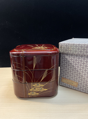 日本中古漆器沈金工艺金莳绘三重盒三段重食盒糕点甜品盒收纳盒