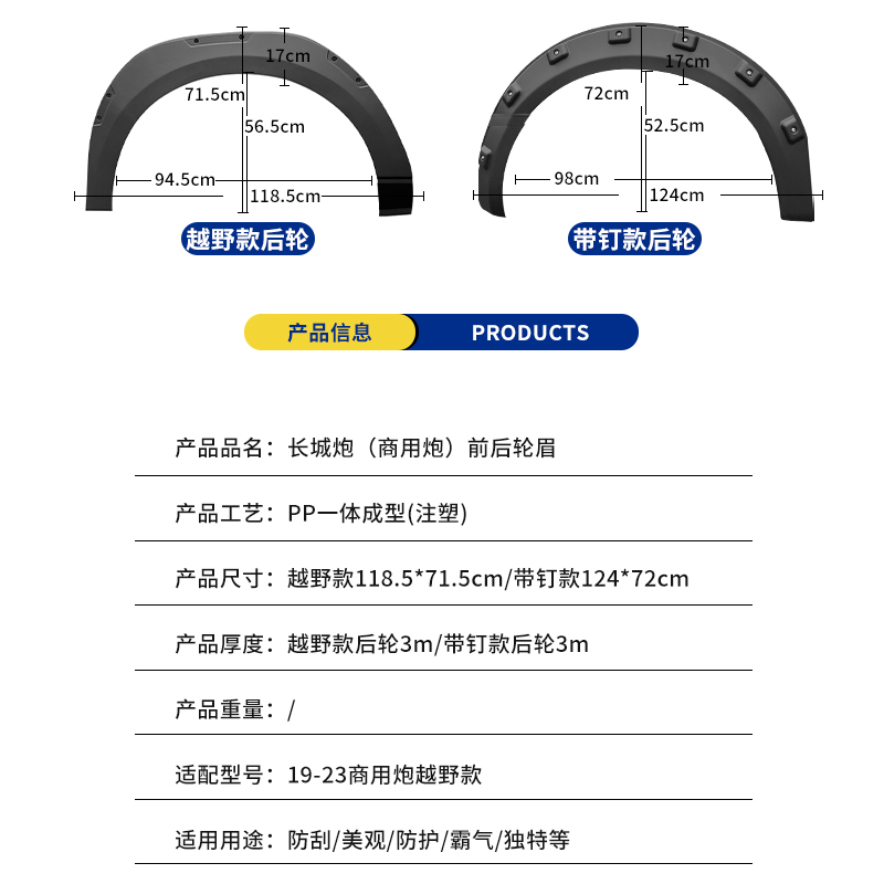 19-23新款长城炮皮卡专用防擦轮眉宽体防刮撞越野带钉加厚轮眉贴 - 图2