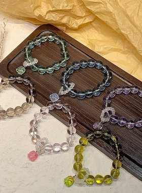 粉色紫色水晶串珠手链女生古风高颜值学生党闺蜜琉璃醒狮手串女款