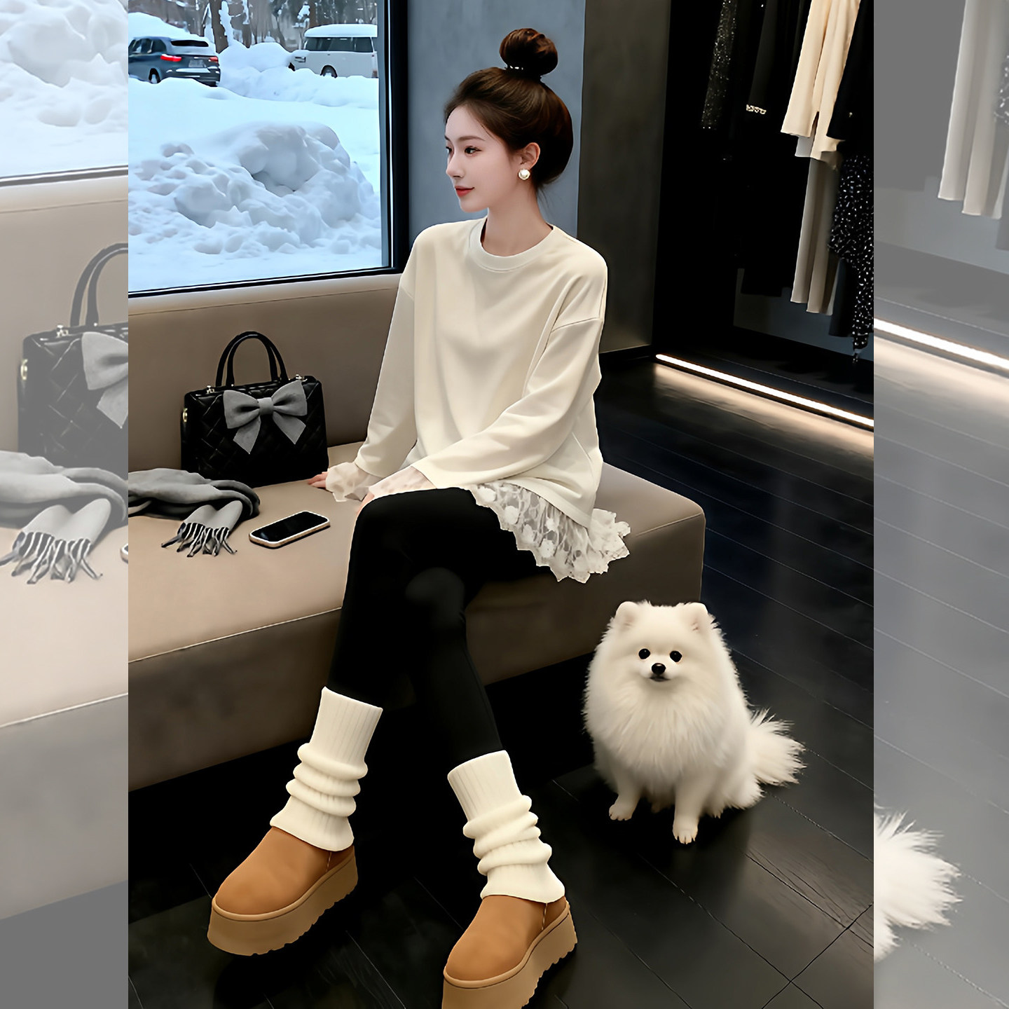 纯白花茶~蕾丝拼接宽松中长款上衣2026秋冬新款女装大码长袖内搭,淘宝优惠券,粉丝福利购,淘宝优惠卷