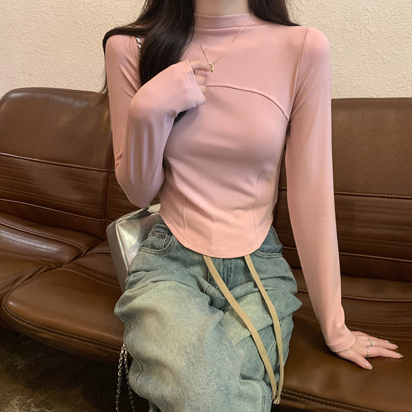 甜欲交织~粉色半高领打底衫女秋冬内搭修身显瘦磨毛长袖T恤短上衣,淘宝优惠券,粉丝福利购,淘宝优惠卷