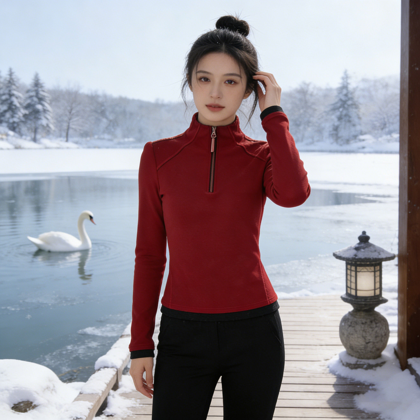 洋气柔绒~气质红色半高领内搭上衣半拉链长袖女装修身德绒打底衫,淘宝优惠券,粉丝福利购,淘宝优惠卷