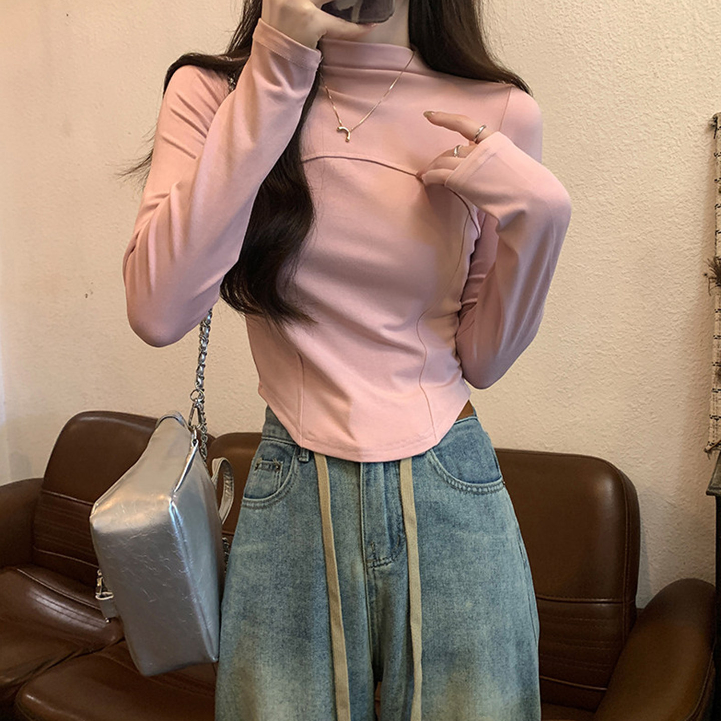 甜欲交织~粉色半高领打底衫女秋冬内搭修身显瘦磨毛长袖T恤短上衣,淘宝优惠券,粉丝福利购,淘宝优惠卷