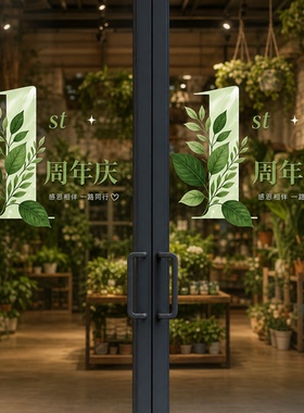 一周年店庆绿色玻璃贴纸商场橱窗门店玻璃贴膜2026新款装饰画