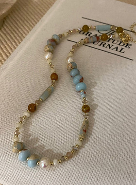 淡水珍珠彩色寿山石手工串珠项链时尚琉璃珠设计感个性颈链锁骨链