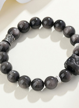 批发天然银曜石醒狮头手链男女情侣款复古新中式手串饰品节日礼物