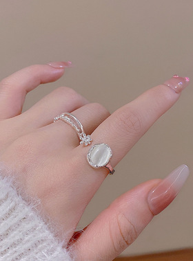 猫眼石素圈戒指女冷淡风小众设计不规则开口指环戒时尚个性食指戒