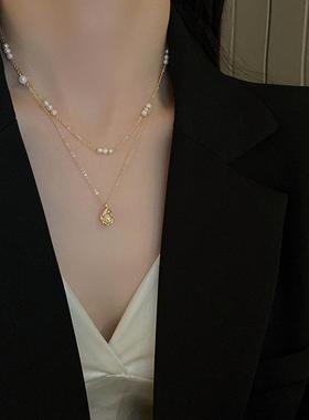 钛钢小颗粒巴洛克淡水珍珠项链两件套时尚法式金豆豆设计感锁骨链