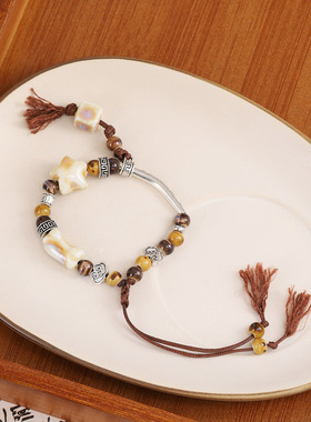 新中式复古民族风五角星串珠手链 古风国潮高级感方形可抽拉手绳