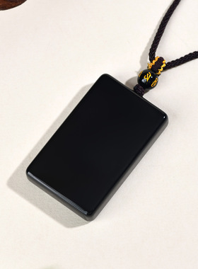 批发天然黑曜石平安无事方牌吊坠景区寺院复古热销男女士项链挂坠