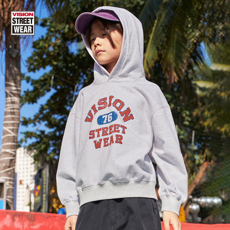 VISION童装 美式复古宽松撞色印花运动连帽卫衣秋冬男女儿童 - 图2