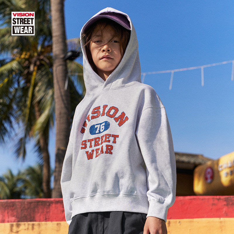 VISION童装 美式复古宽松撞色印花运动连帽卫衣秋冬男女儿童 - 图0