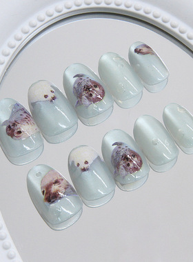 外贸猫眼夏日海洋可爱海豹欧美风可拆卸美甲24片press on nails