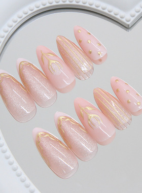 立体猫眼郁金香蕾丝法式可拆卸美甲24片press on nails
