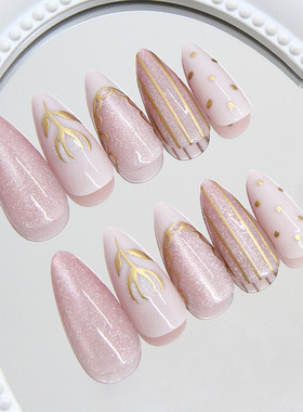 外贸立体猫眼鎏金花朵波点欧美风可拆卸美甲24片press on nails