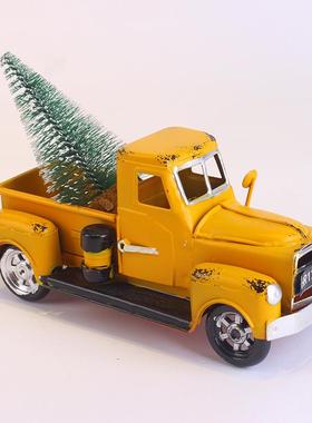 跨境创意新款复古黄色小卡车放花家居室内玄关铁艺工艺品摆件