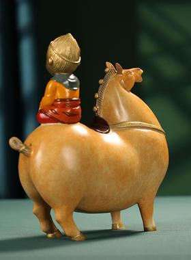 全铜彩铜马上封侯创意新中式办公室客厅家居玄关桌面摆件铜装饰品