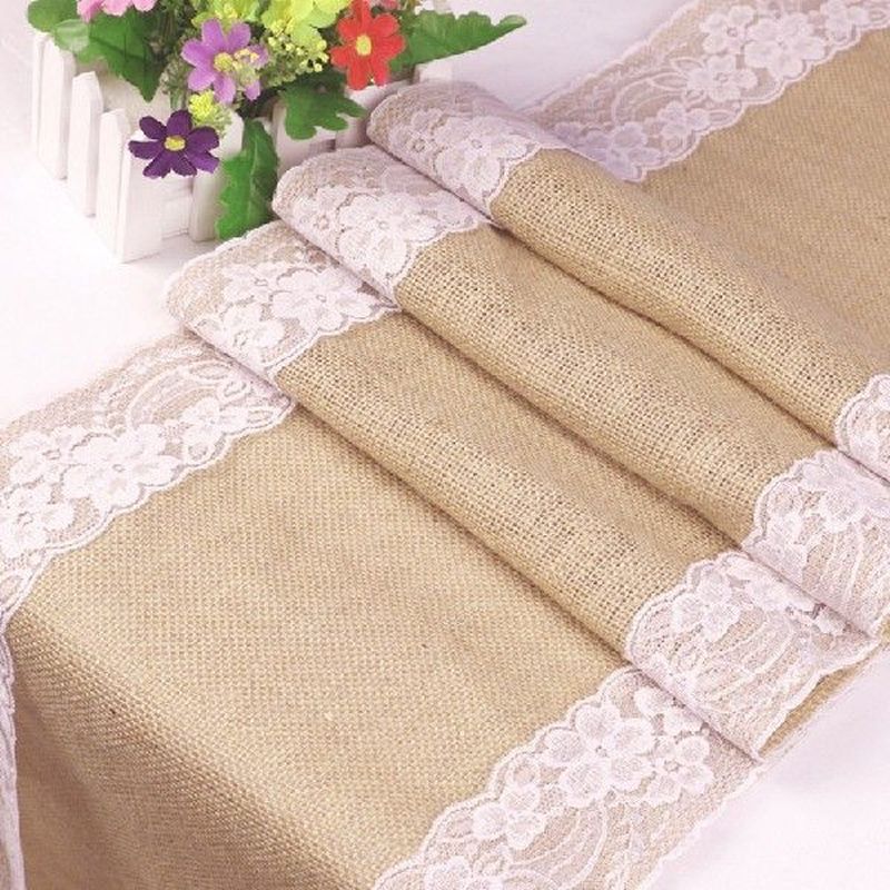 Burlap Lace Table Runner, Rustic Natural Jute Table_虎窝淘