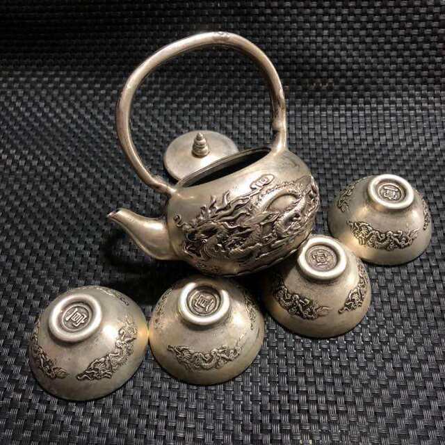 Antique miscellaneous antique old white copper silver-plated set of teacups and teapots