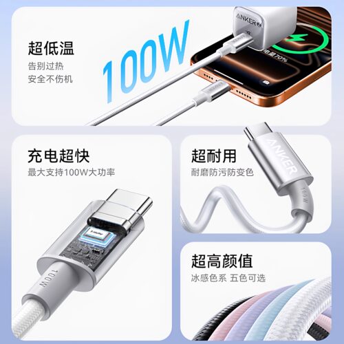 Anker安克编织线100W适配iPhone17苹果16华为小米安卓手机尼龙超级快充线双typeC数据线闪充加长3米PD充电线 - 图1