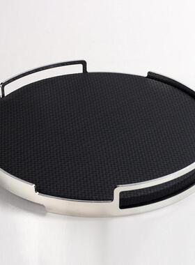 北欧风皮革提手金属圆形托盘客厅卧室置物收纳盘家居软装饰品摆件