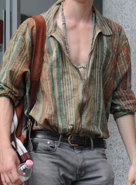 Men's Retro Striped Print Shirt 条纹印花长袖衬衫