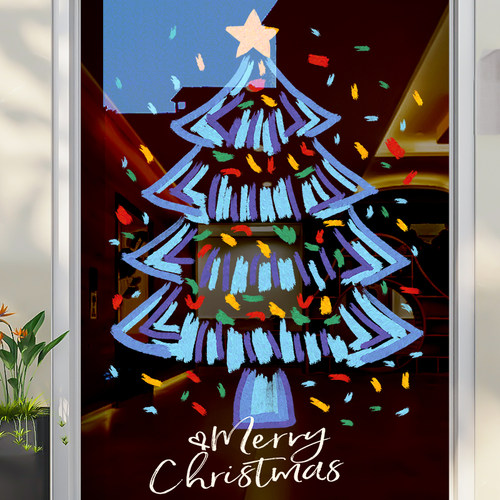 圣诞树窗贴圣诞节装饰品玻璃门贴纸商场店铺节日氛围布置静电贴画 - 图1