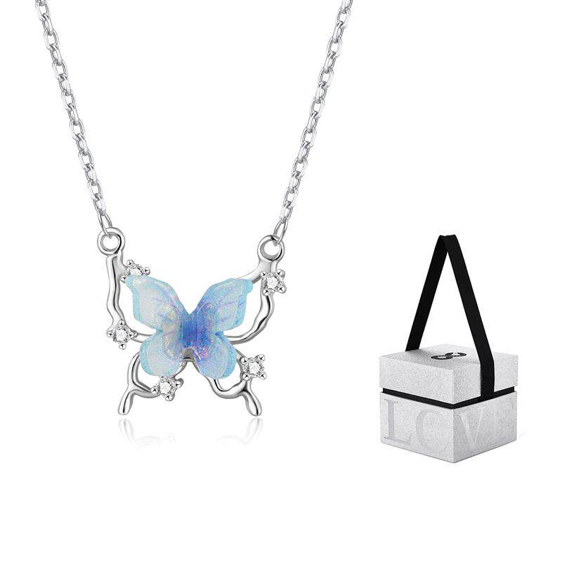 zeroline幽蓝蝴蝶项链女纯银轻奢小众精致毛衣链锁骨链情人节礼物