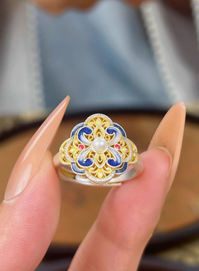 新款宫阙戒指女国风新中式珐琅彩