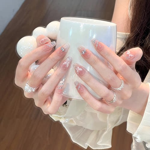 艺人蝶仙子手工穿戴甲裸色猫眼清透显白拍婚纱照高级感可拆卸贴片 - 图2
