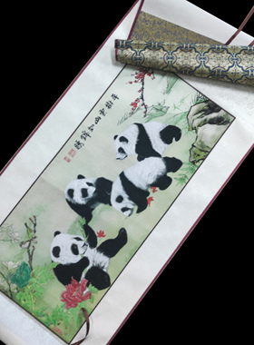 蜀锦蜀绣熊猫织锦卷轴挂画中国特色礼品送外国人纪念品