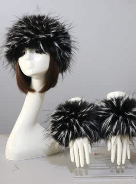 One Set Women Faux Fox Fur Cuffs + Headband Winter Warmer Ha
