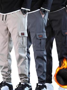 Men Pants Solid Color Multi Pockets Drawstring Plush Lining