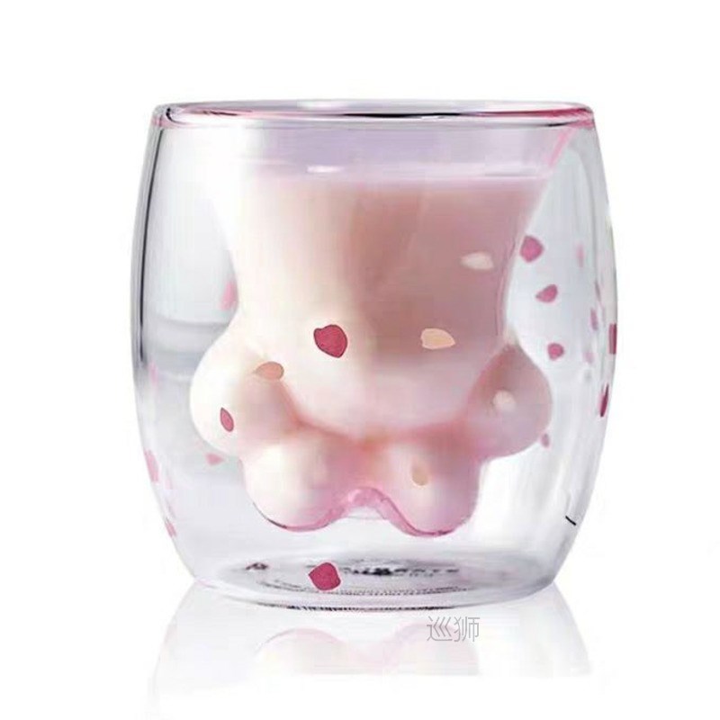 Cute Sakura Paw Claw Cup Floral Double Layer Glas - 图0