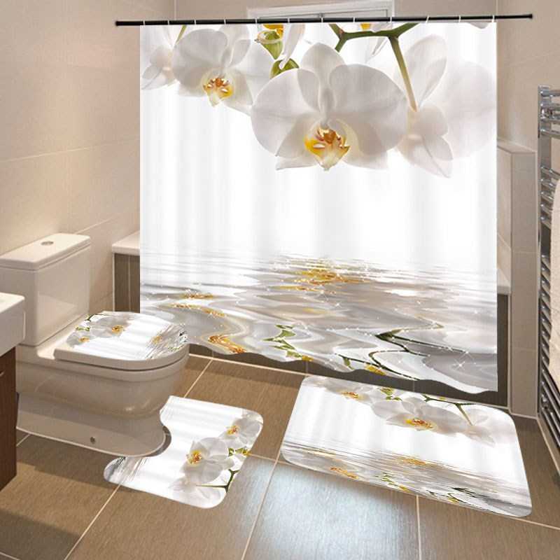 Mat-Set Shower-Curtains Bathroom Hooks Orchid-Printing Polye - 图0