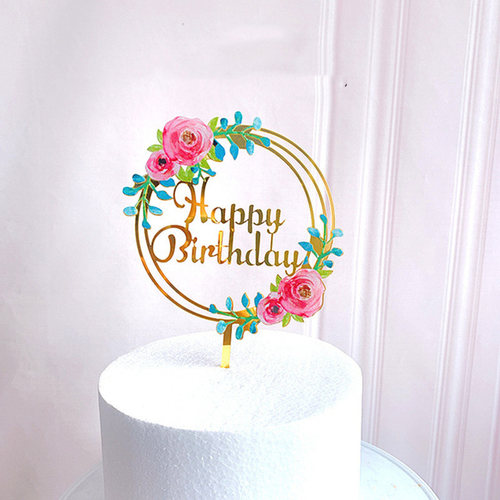 New Colored flowers Happy Birthday Cake Topper Golden Acryli - 图1