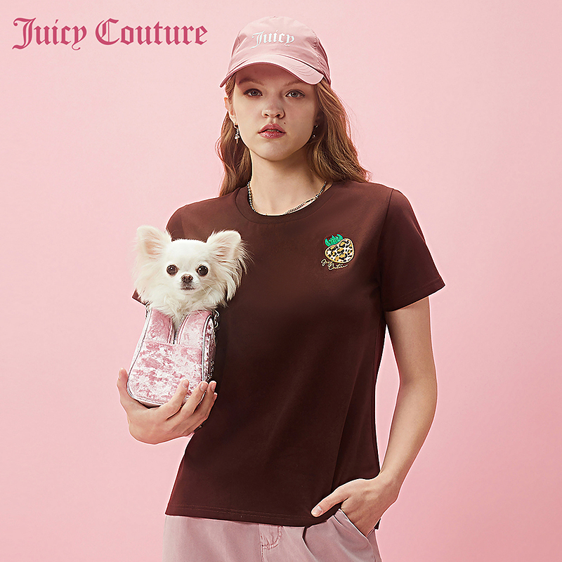 Juicy Couture橘滋2024新款女装夏季浓情草莓图案贴布绣女式T恤 - 图0