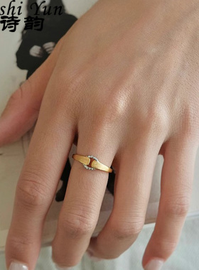 帕诗韵S925纯银复古风布契拉提拉丝分金色点钻戒指时尚通勤指环女