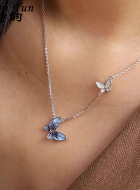 通体S925纯银新款两只蝴蝶项链