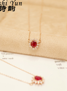 帕诗韵法式复古轻奢温柔风镶嵌红色锆石太阳花吊坠s925纯银锁骨链