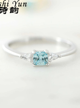 帕诗韵精致气质时尚S925纯银镶嵌四爪蓝色方块锆石戒指小清新日常
