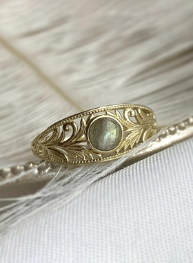 帕诗韵s925纯银树叶灰月光石戒指宫廷复古小众时尚百搭气质款女