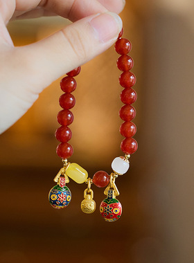 新中式天然红玛瑙吞金兽手链女款本命年复古风手串饰品礼物