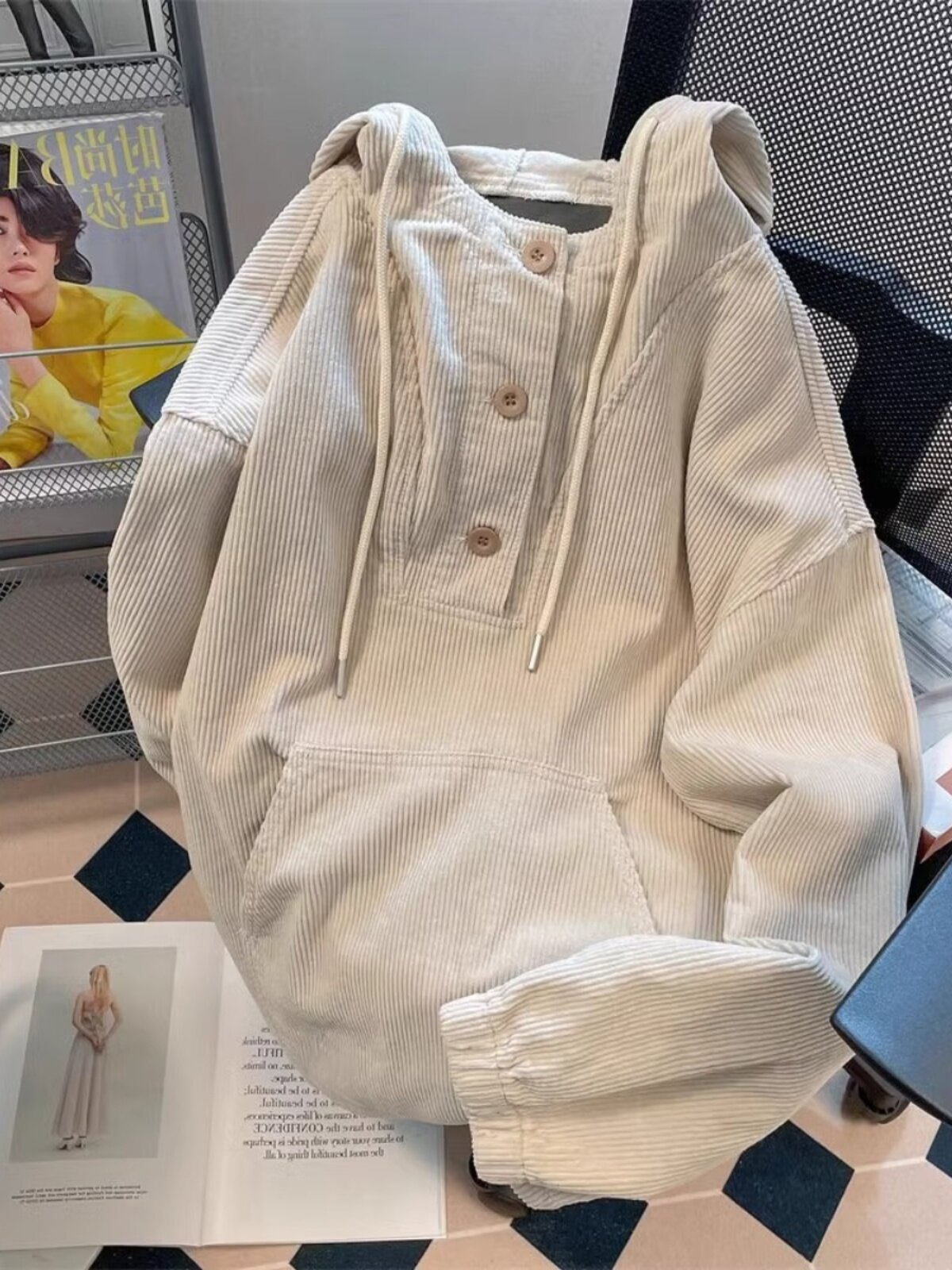 Spttax extra large size 300 pounds japanese retro corduroy sweatshirt men's autumn and winter loose versatile hooded jacket