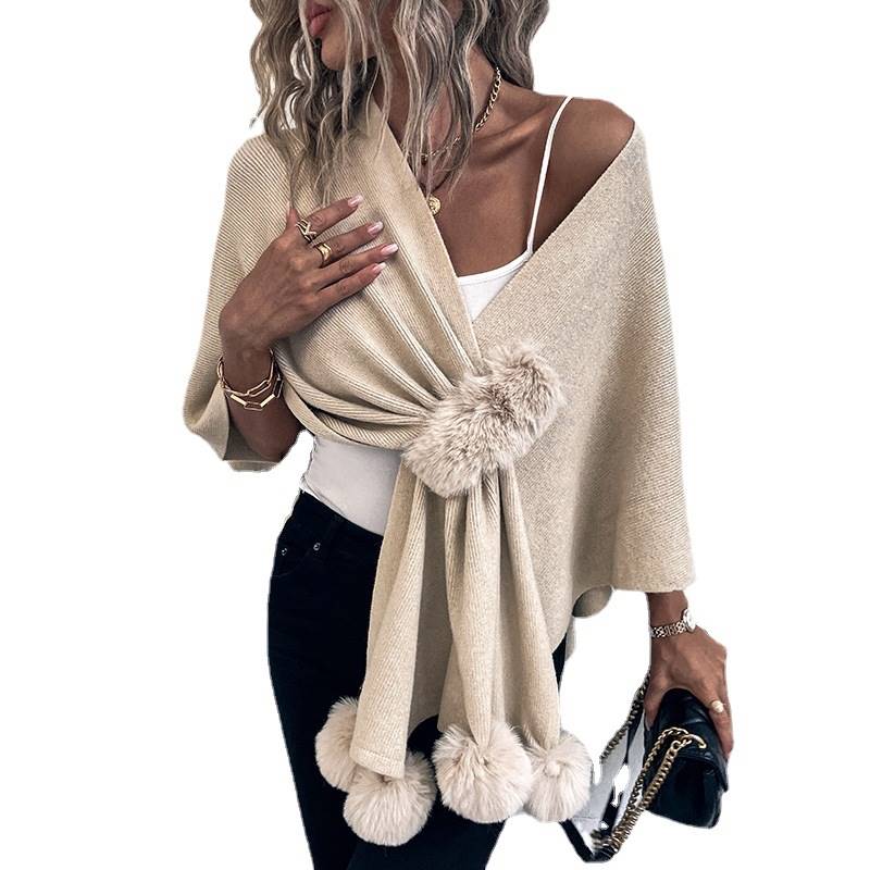 Solid colour fur ball cloak jumper female ladies shawl knitt - 图3