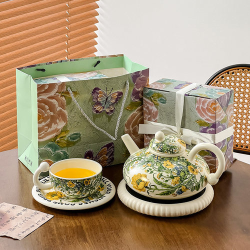 中古油画风月季花水壶杯套装陶瓷水具茶壶杯子高级感伴手礼品茶杯 - 图1