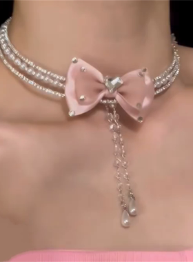 千金闪锆粉色蝴蝶结项链