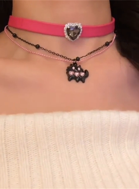 粉黑双层叠戴爱心猫咪项链